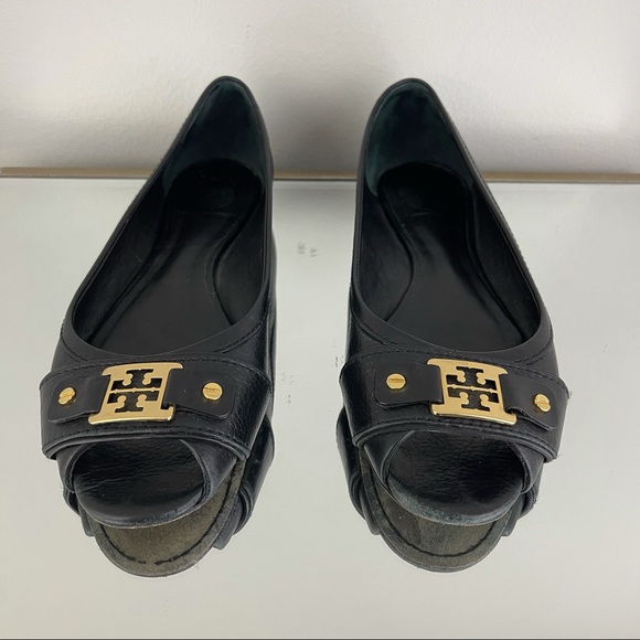 TORY BURCH Black Leather Clines Peep-Toe Ballerina Flats - Picture 6 of 11